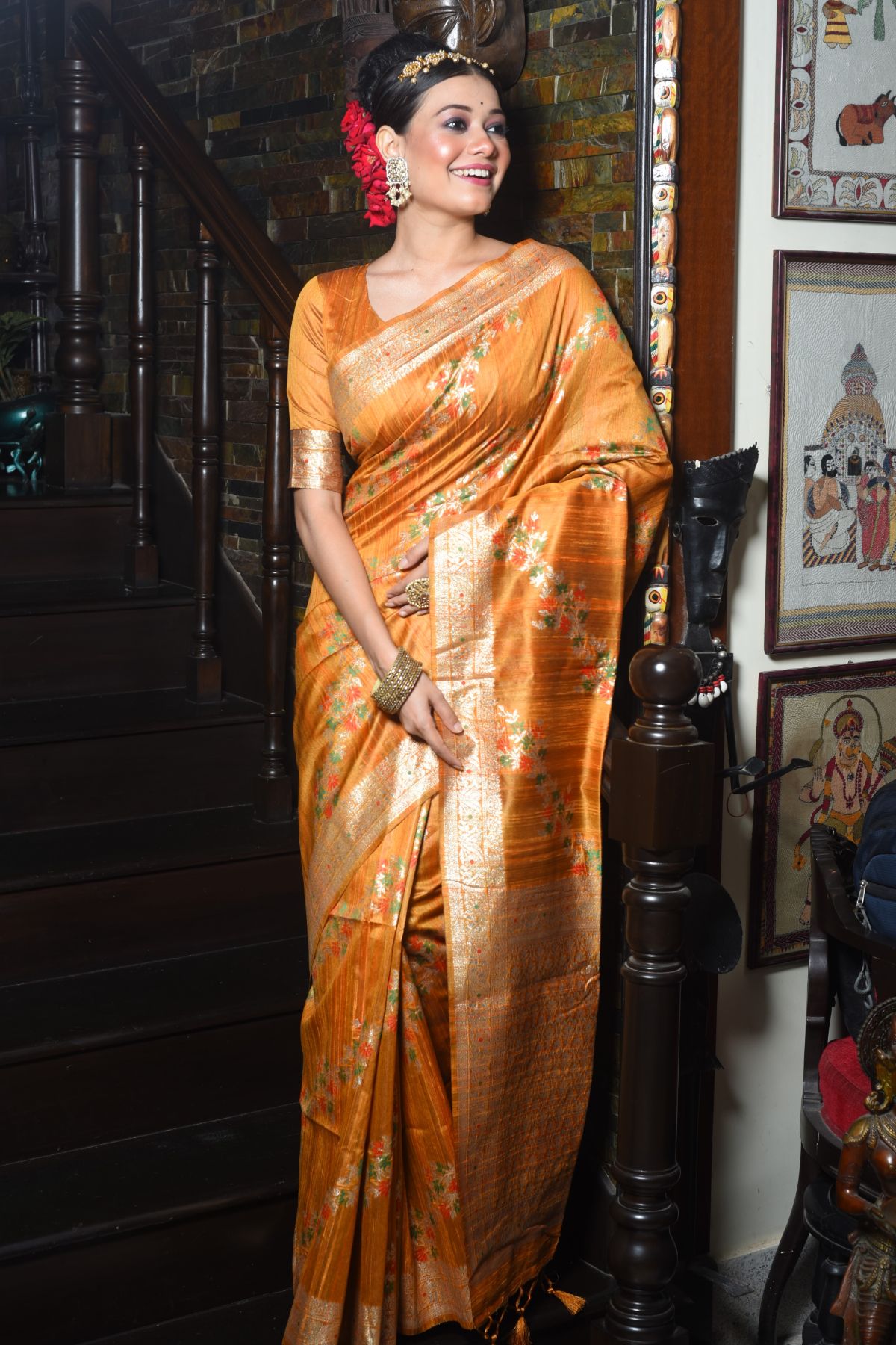 Buy MySilkLove Texas Rose Orange Woven Tussar Silk Saree Online