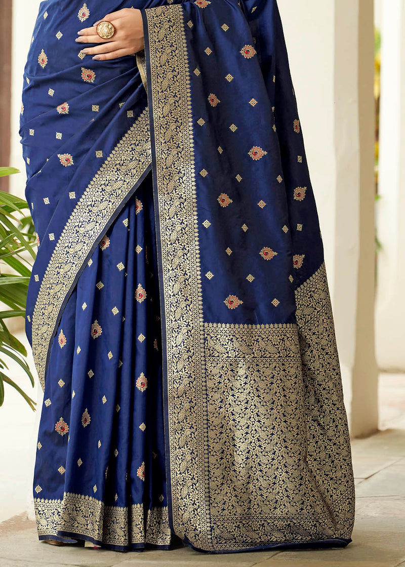 Fiord Blue Zari Woven Banarasi Silk Saree with Butti Work