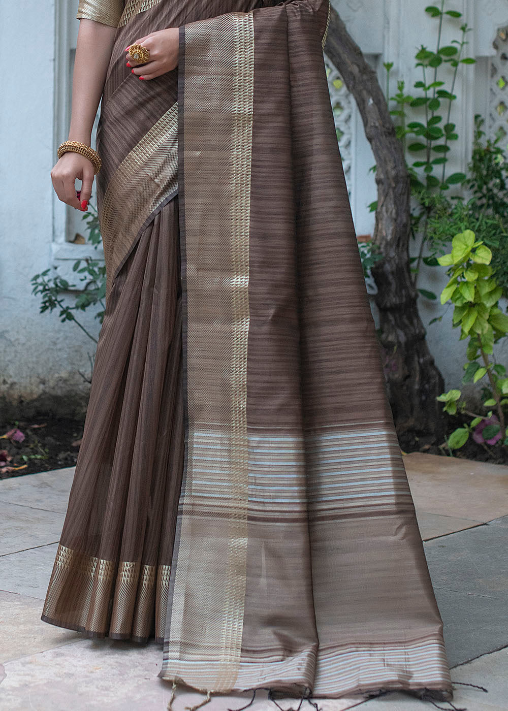 Buy MySilkLove Emperor Brown Zari Woven Tussar Silk Saree Online