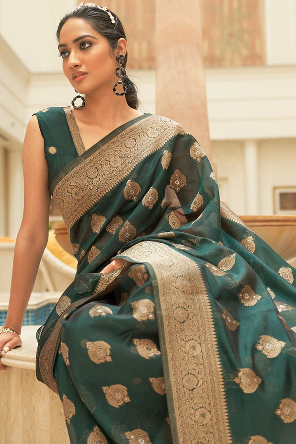 MySilkLove Mineral Green Zari Woven Organza Silk Saree