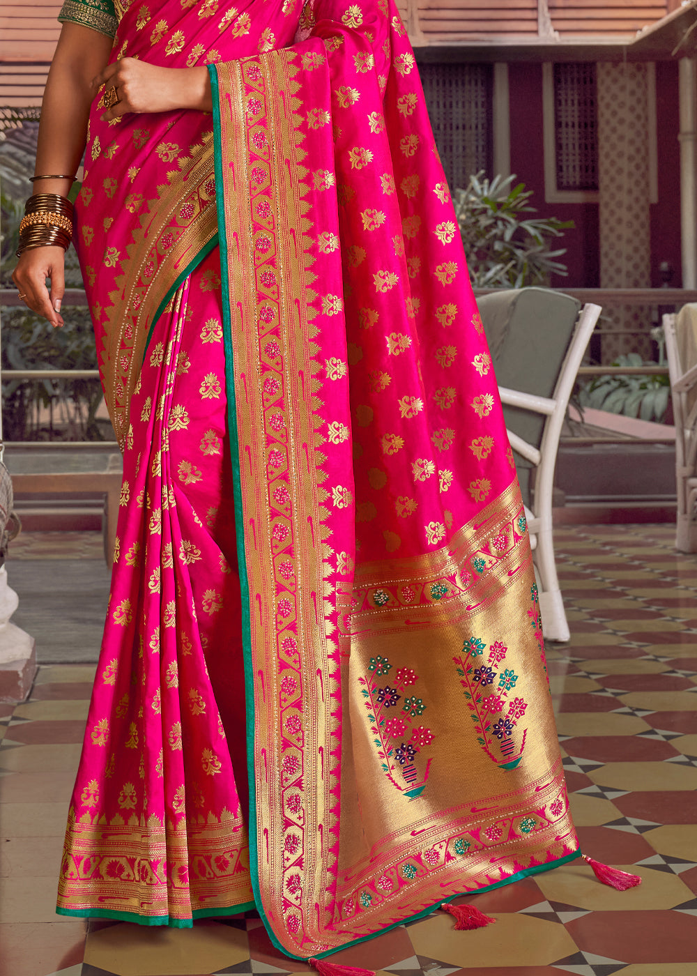 Buy MySilkLove Deep Pink and Green Zari Woven Banarasi Brocade Saree Online