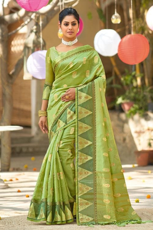 Buy MySilkLove Peridot Green Organza Saree Online