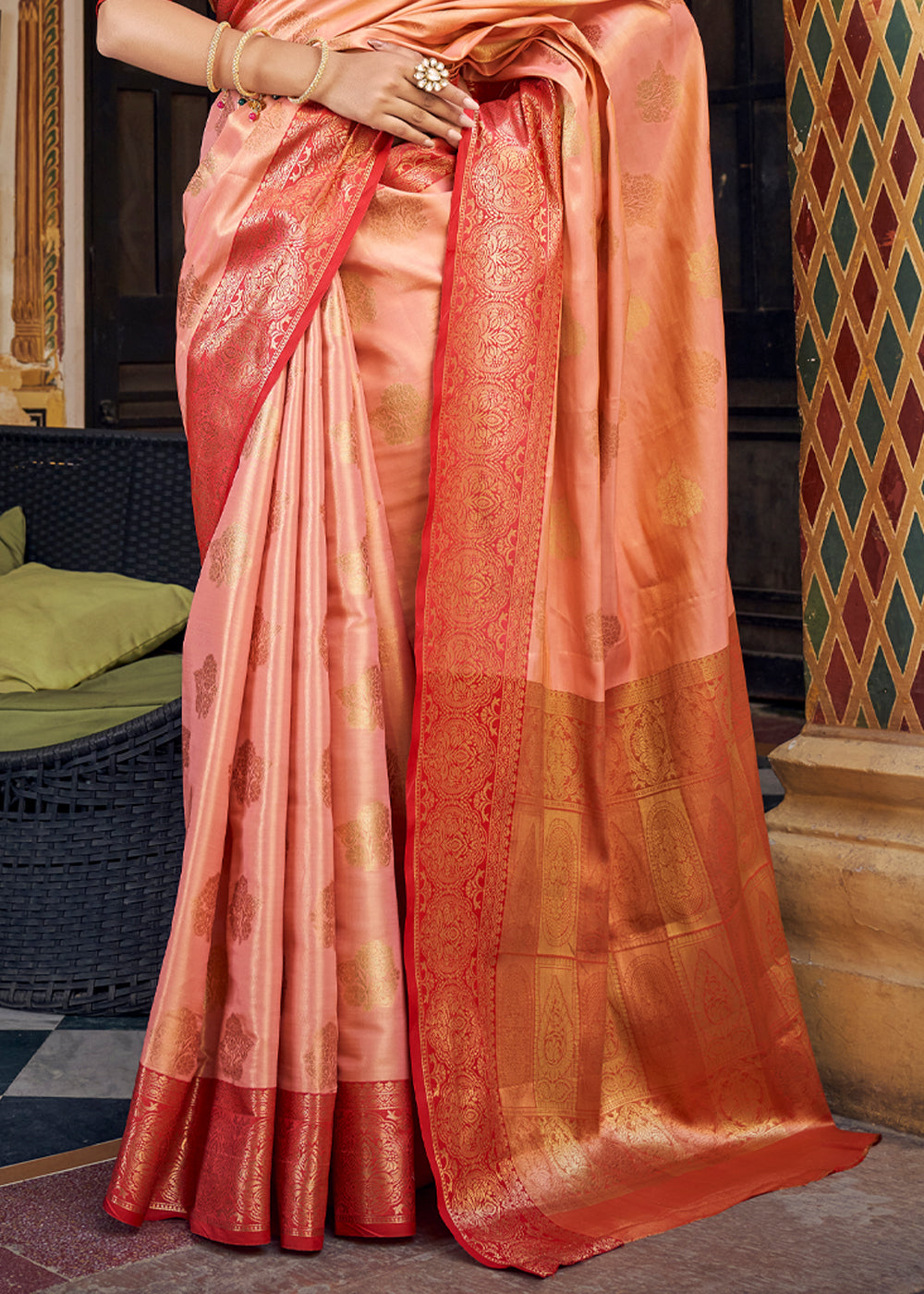 Buy MySilkLove Copperfield Peach Woven Banarasi Barcode Silk Saree Online