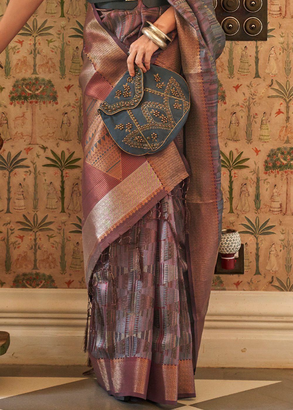 Buy MySilkLove Russett Purple Multicolor Handloom Organza Silk Saree by bollywood actress Kalki Koechlin Online