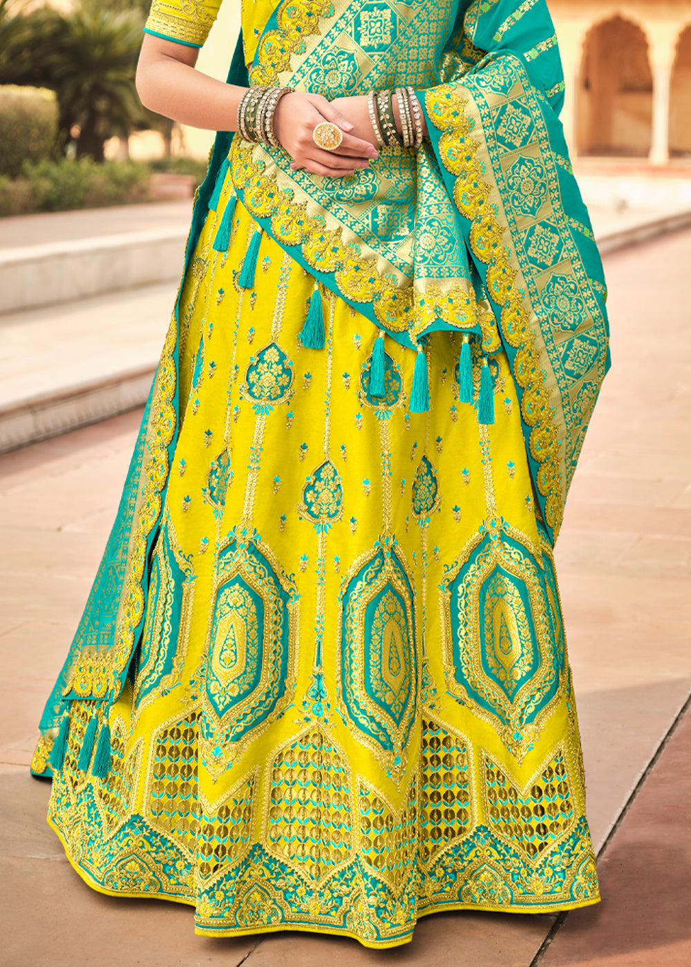 Buy MySilkLove Lemon Yellow and Blue Heavy Designer Embroidered Lehenga Online