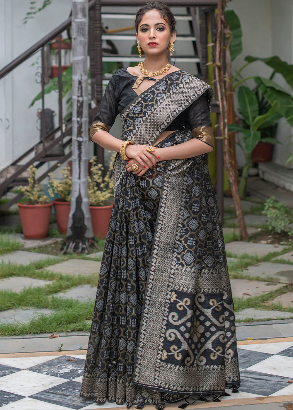 Buy MySilkLove Fuscous Black Zari Woven Tussar Saree Online