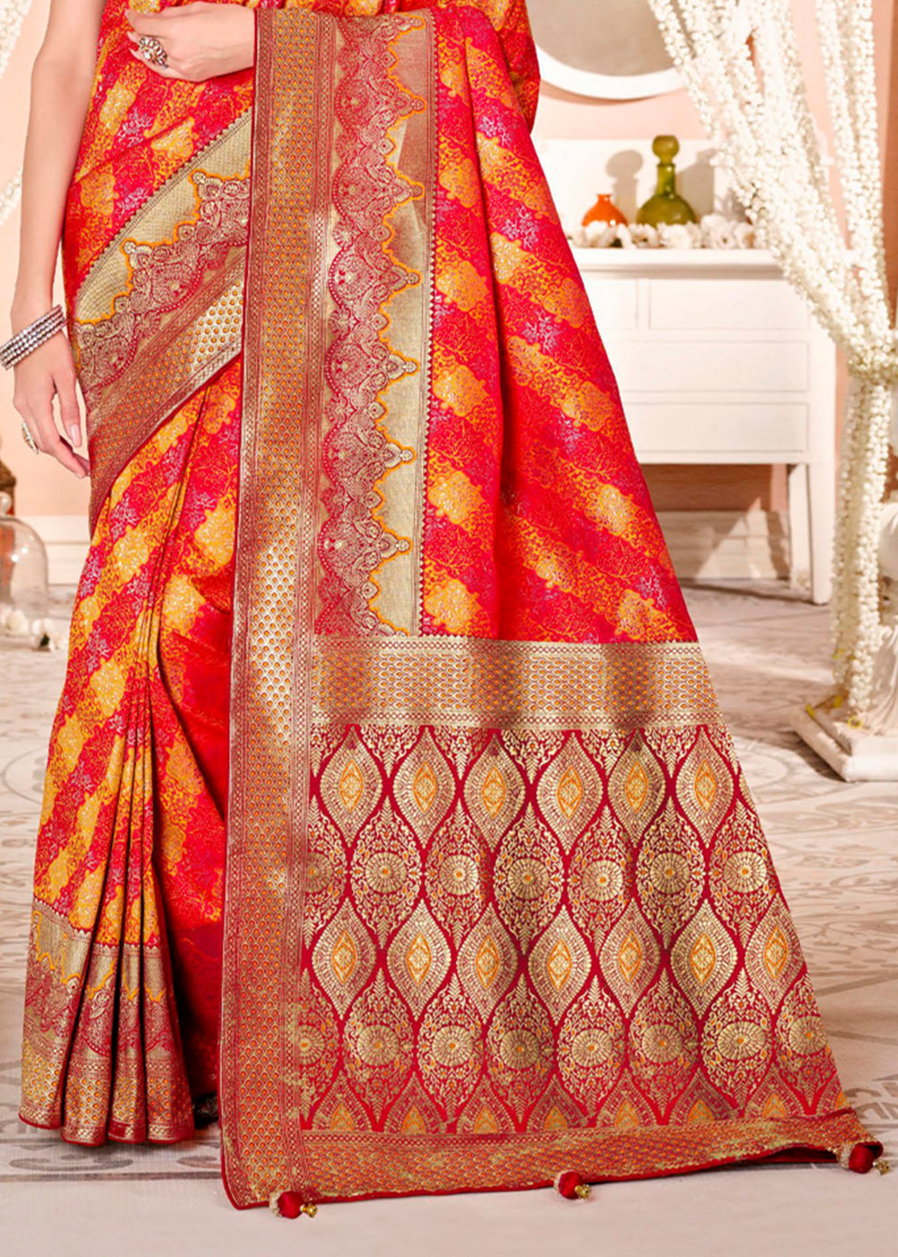 Buy MySilkLove Salmon Red Zari Woven Banarasi Saree with Designer Blouse Online