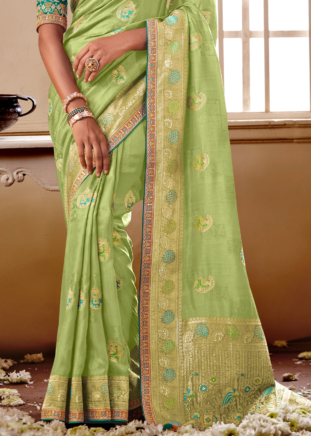 Buy MySilkLove Green Smoke Banarasi Saree with Designer Blouse Online