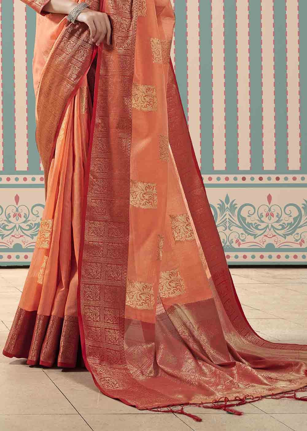 Buy MySilkLove Raw Orange Zari Woven Linen Saree Online