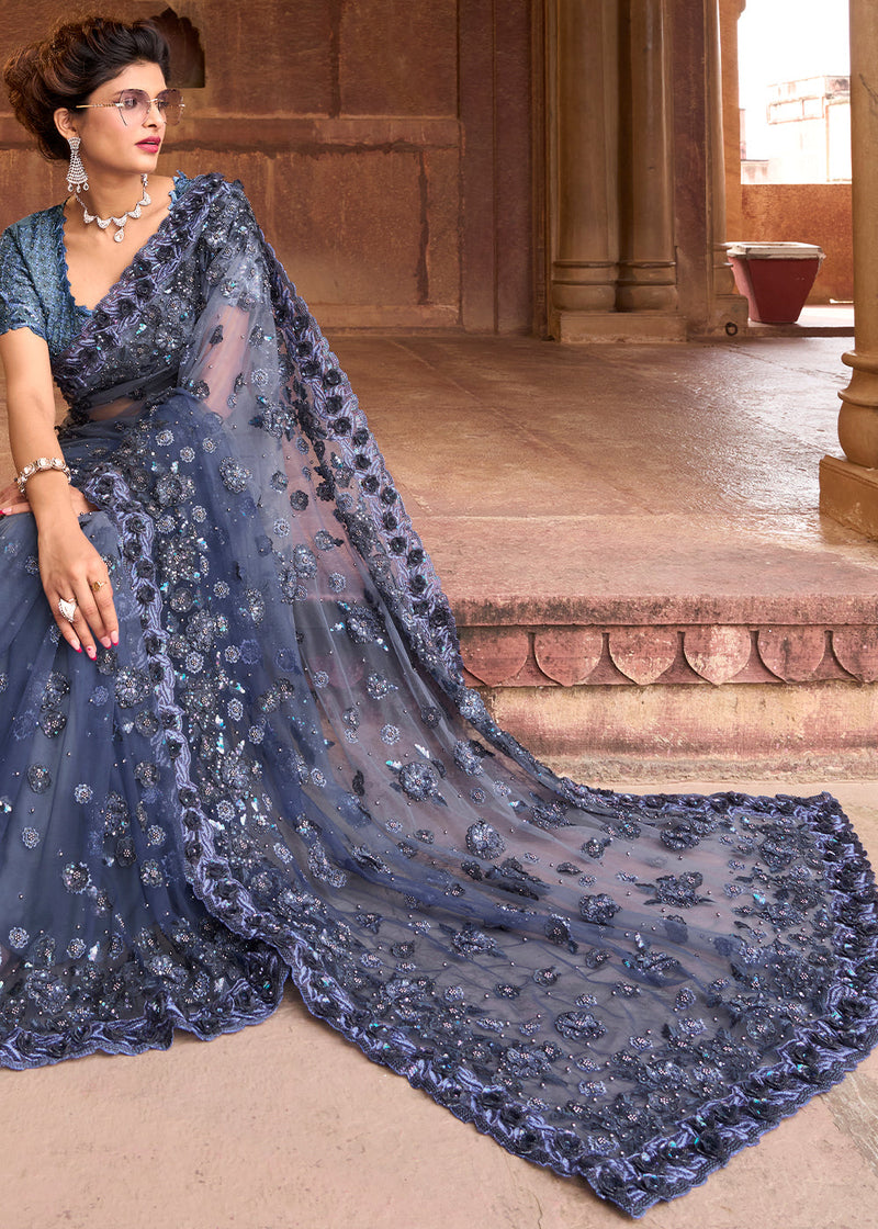 San Blue Designer Lycra Saree with Embroidery Work – MySilkLove