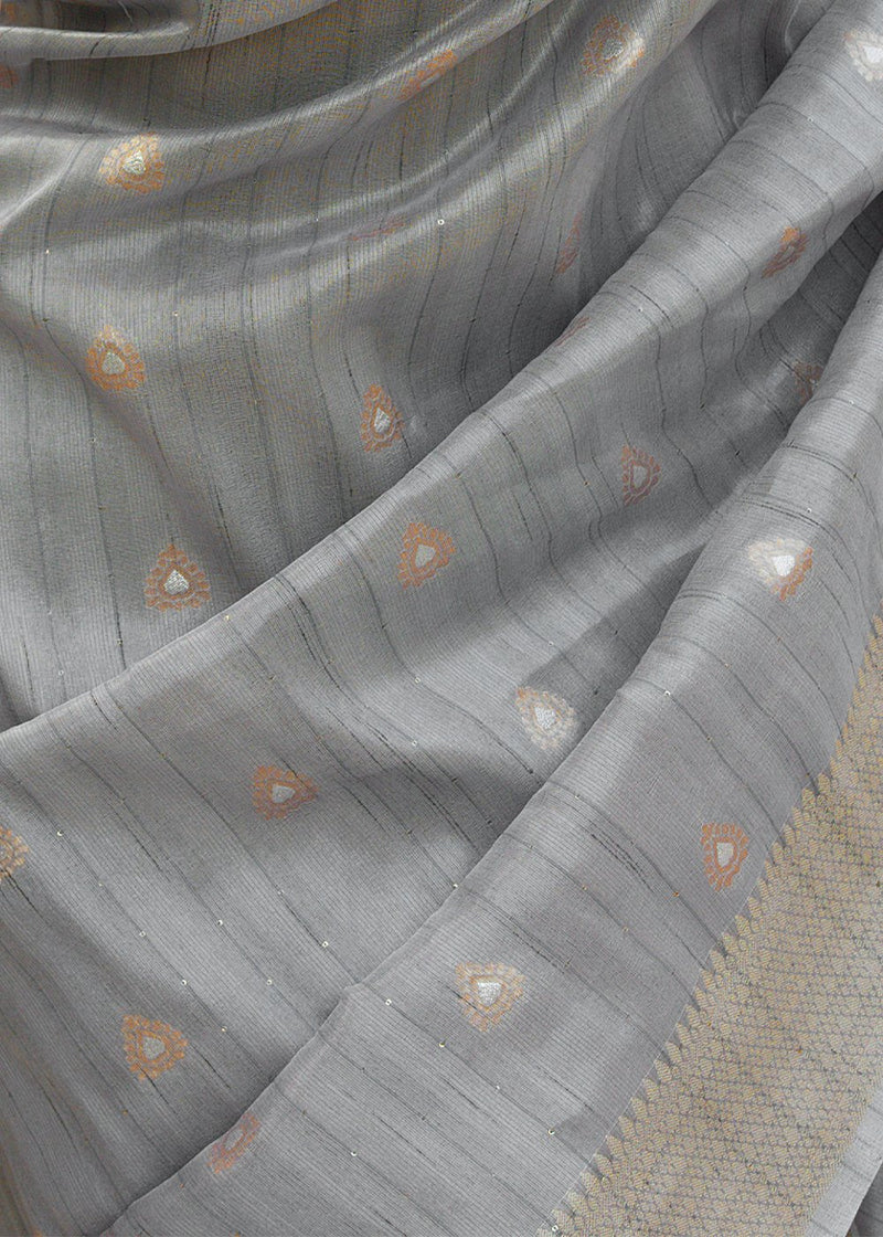 Delta Grey Zari Woven Tussar Silk Saree