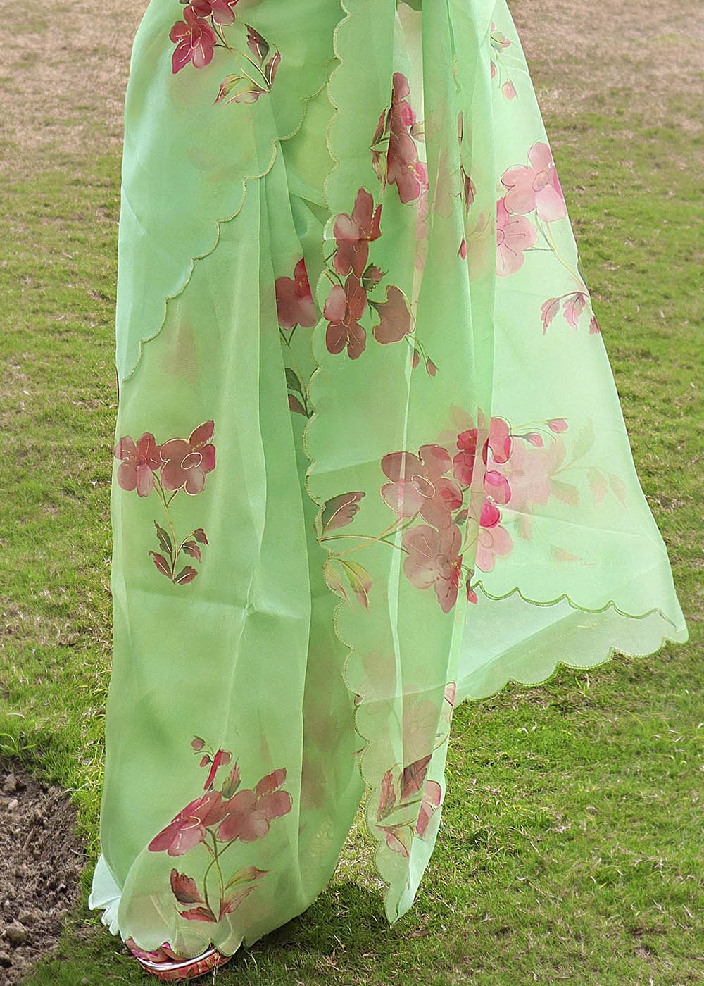 Buy MySilkLove Smith Apple Green Digital Floral Print Organza Saree Online