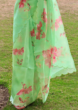 Smith Apple Green Digital Floral Print Organza Saree