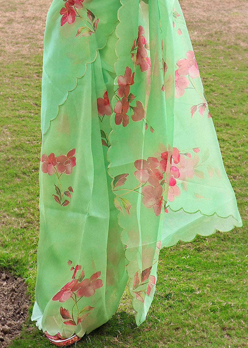 Smith Apple Green Digital Floral Print Organza Saree