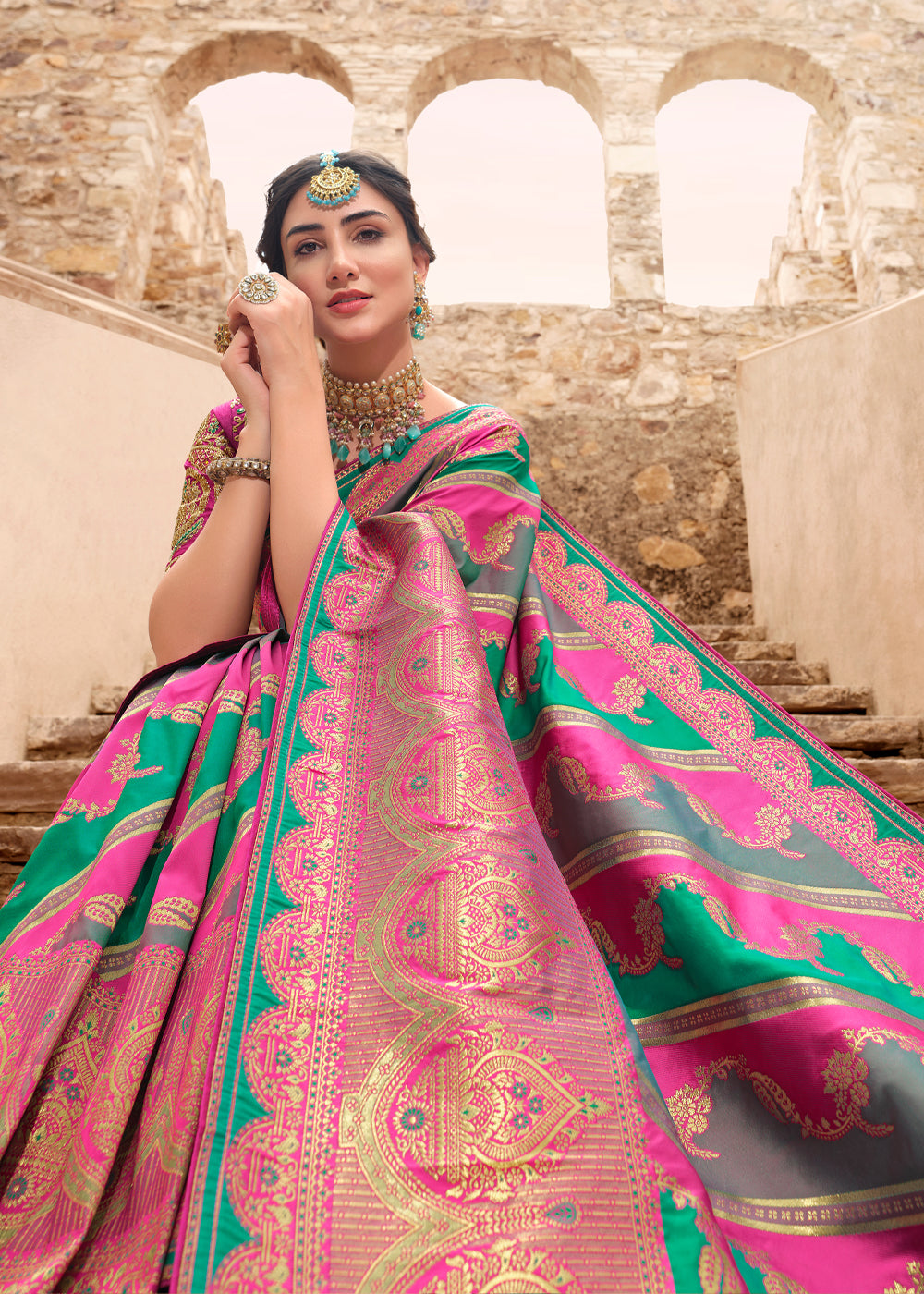 Buy MySilkLove Mandy Pink and Green Woven Designer Banarasi Silk Saree Online