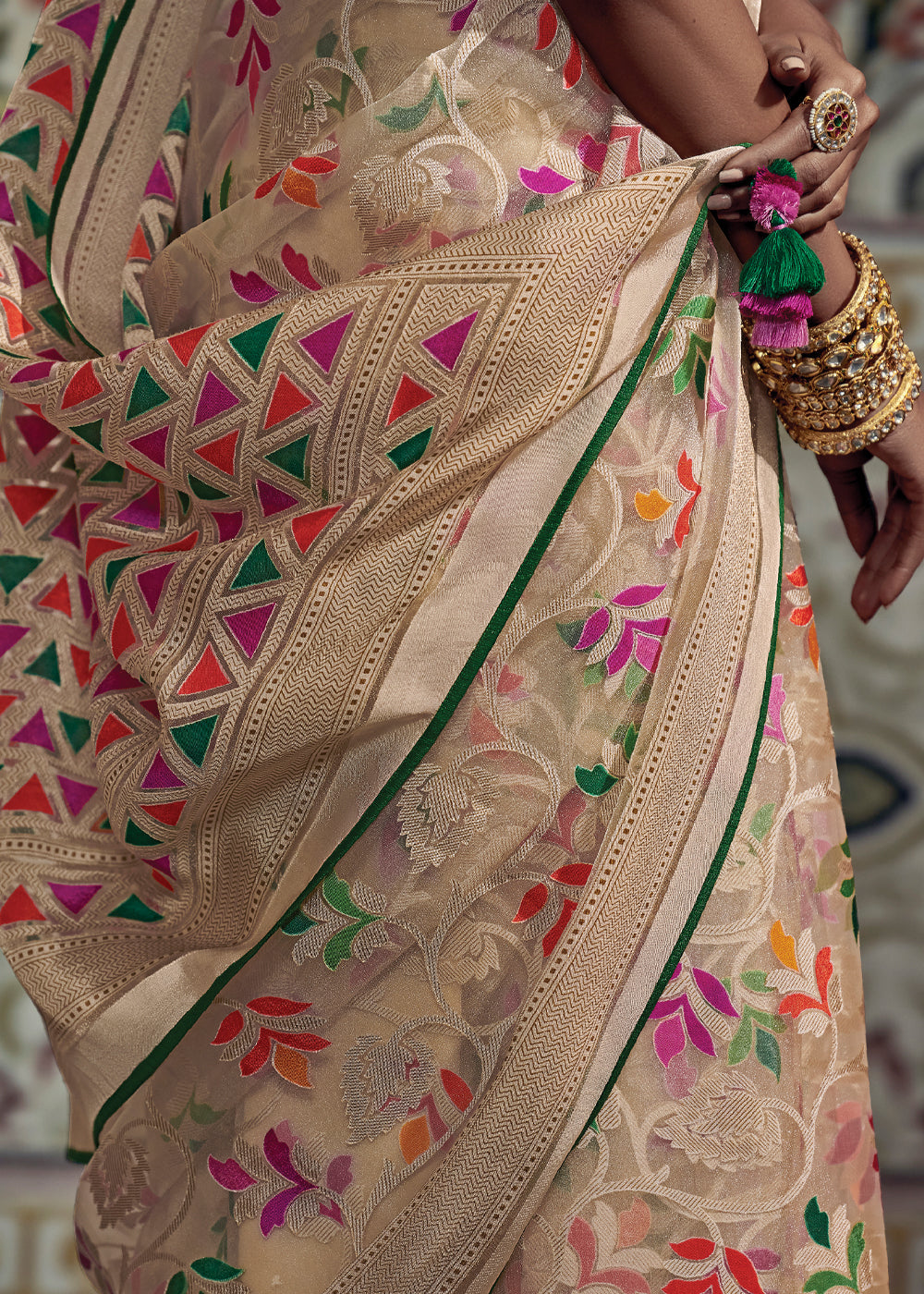 Buy MySilkLove Rodeo Dust Cream and Green Woven Soft Silk Saree with Embroidered Blouse Online