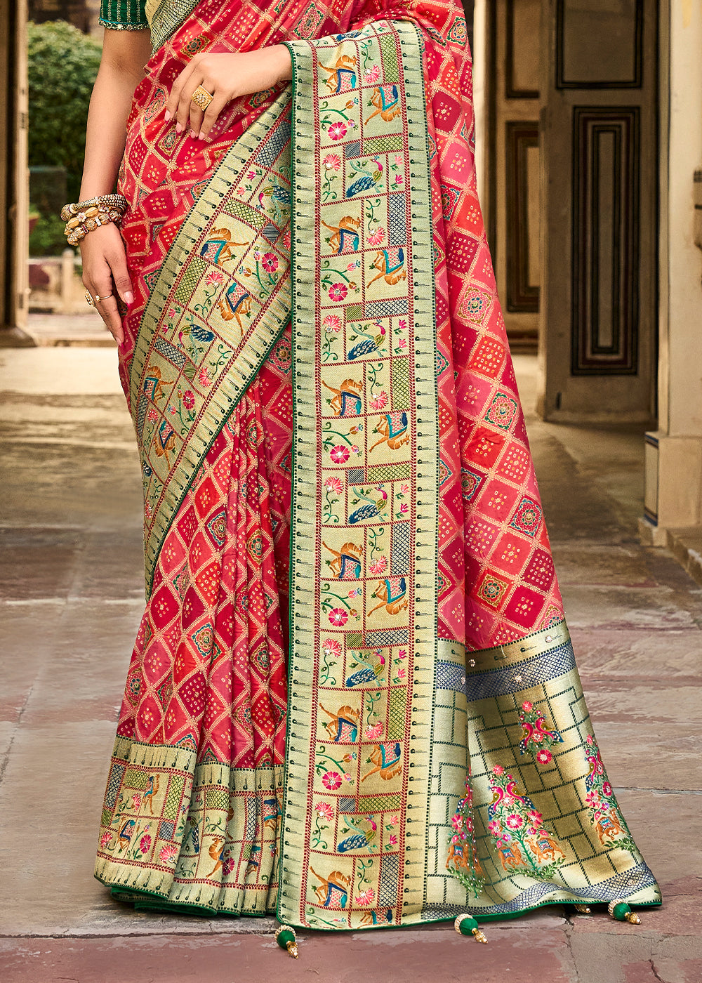 Buy MySilkLove Mandy Red and Green Patola Printed Dola Silk Saree With Embroidered Blouse Online