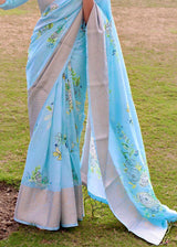 Sail Blue Floral Printed Soft Silk Saree
