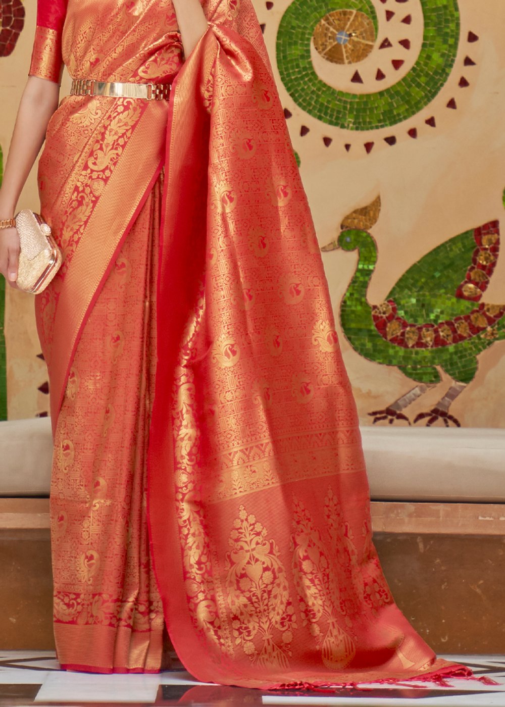 Buy MySilkLove Salmon Red Zari Woven Kanjivaram Saree Online