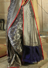 Heathered Silver and Blue Katan Pure Silk Handwoven Brocade Design Saree
