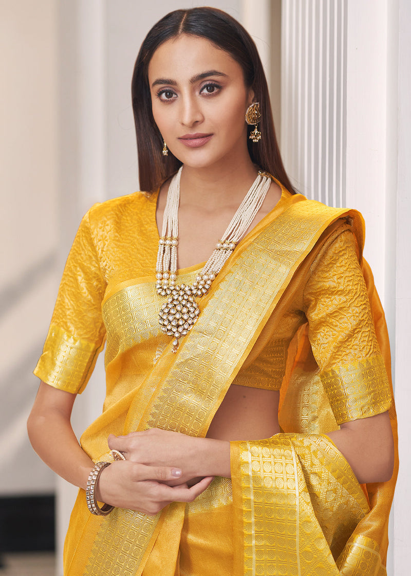 Saffron Yellow Zari Woven Tissue Banarasi Silk Saree