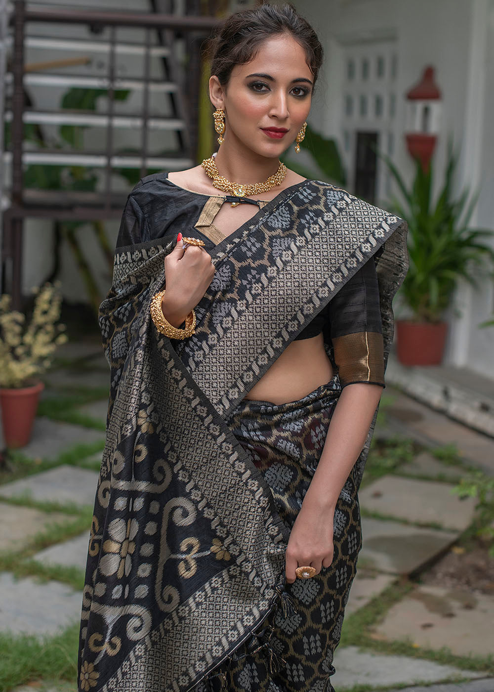 Buy MySilkLove Fuscous Black Zari Woven Tussar Saree Online