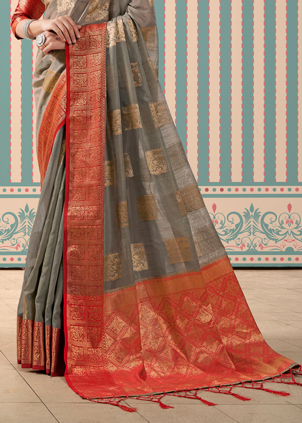 Buy MySilkLove Stonewall Grey Zari Woven Banarasi Brocade Linen Saree Online