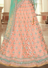 Rose Bud Pink and Sky Blue Net Designer Lehenga With Heavy Embroidered Work
