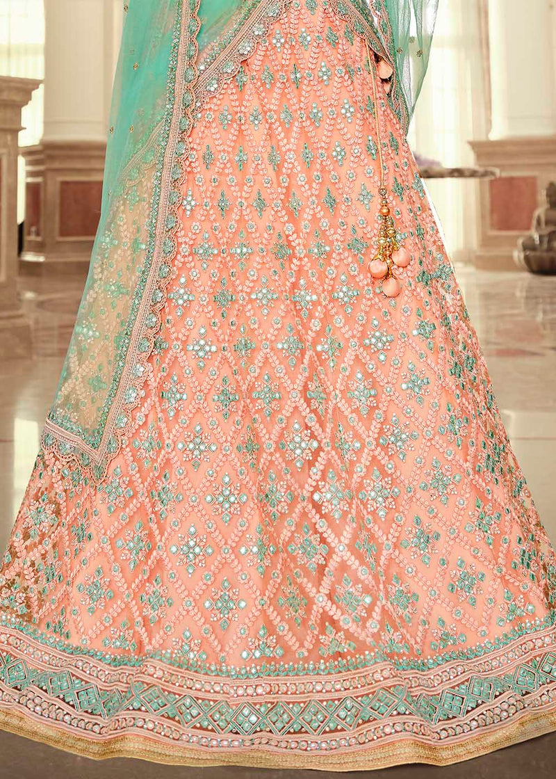 Rose Bud Pink and Sky Blue Net Designer Lehenga With Heavy Embroidered Work