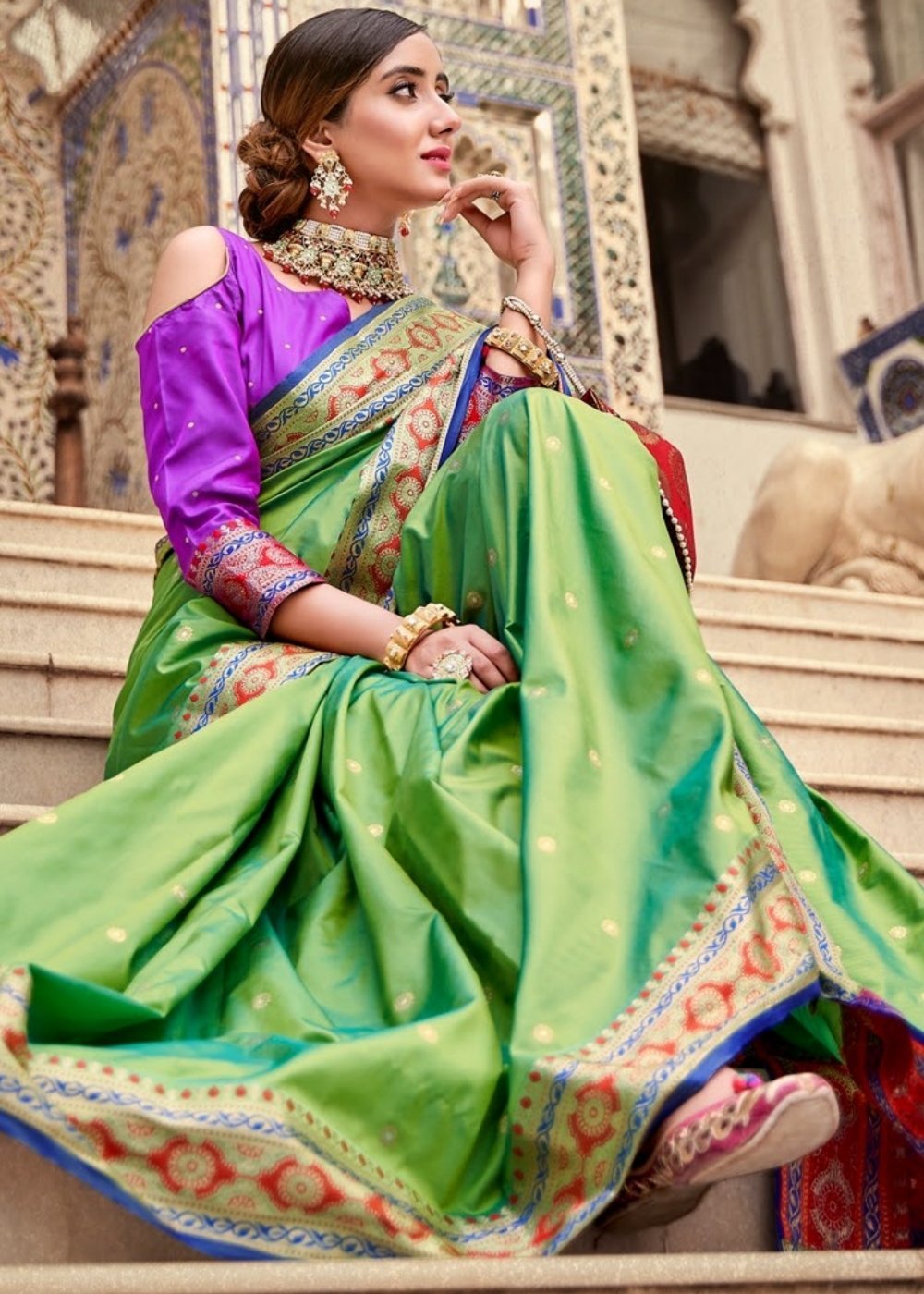 Buy MySilkLove Olive Green and Purple Zari Woven Banarasi Saree Online