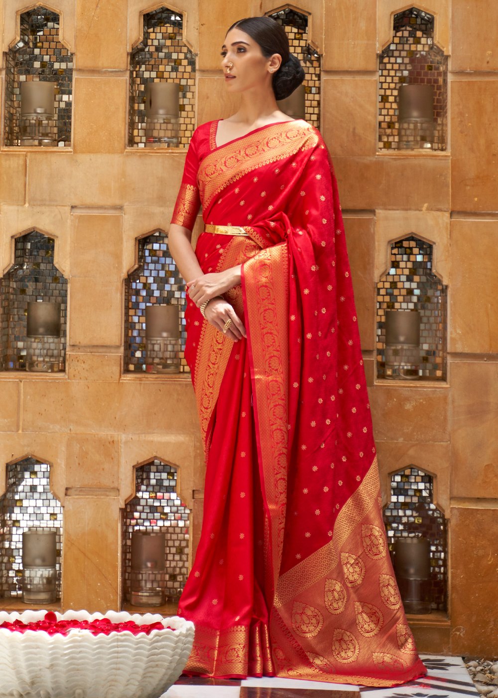 Model wearing a Thunderbird Red zari woven Kanjivaram-style silk saree, a festive look for Bathukamma and Dasara in Hyderabad