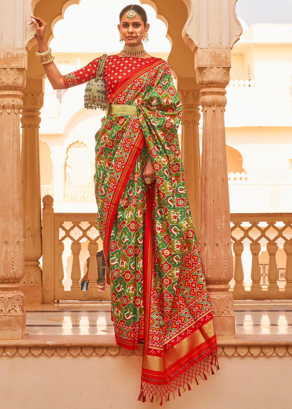 Buy MySilkLove Peridot Green and Red Printed Patola Tussar Saree Online