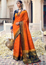 Flamingo Orange Zari Woven Banarasi Raw Silk Saree