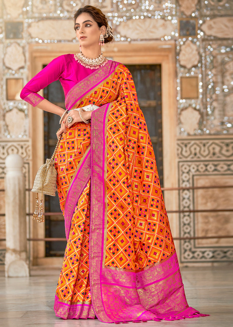 Magenta Pink & Yellow Hand Bandhej Bandhani Saree With Weaving Work –  Bahuji - Online Fashion & Lifestyle Store