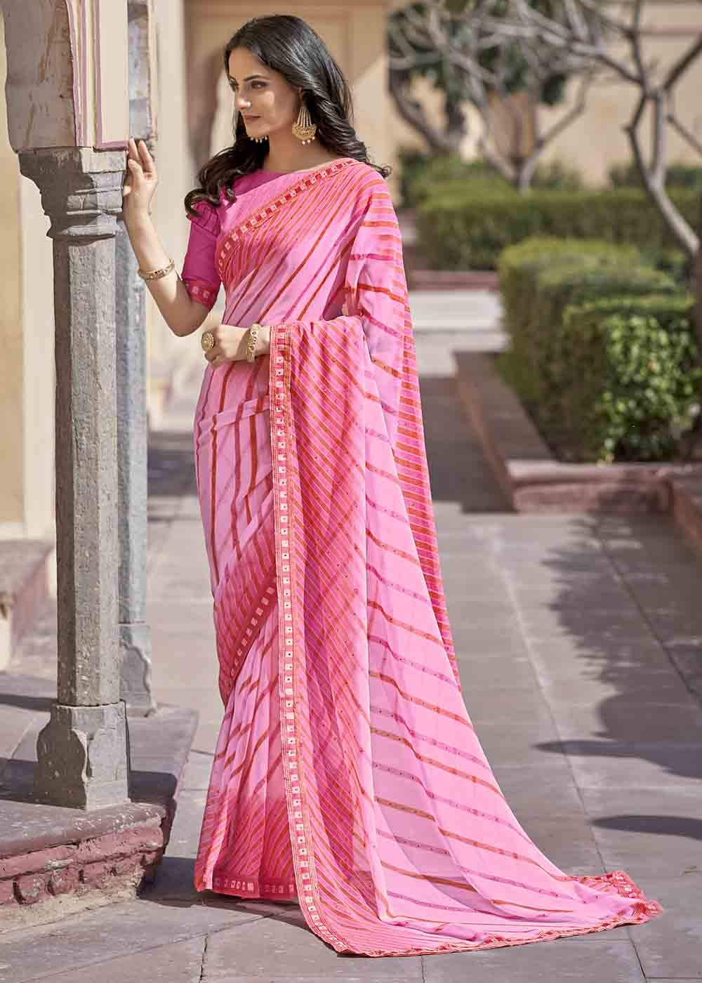 Buy MySilkLove Cupid Pink Printed Georgette Saree Online