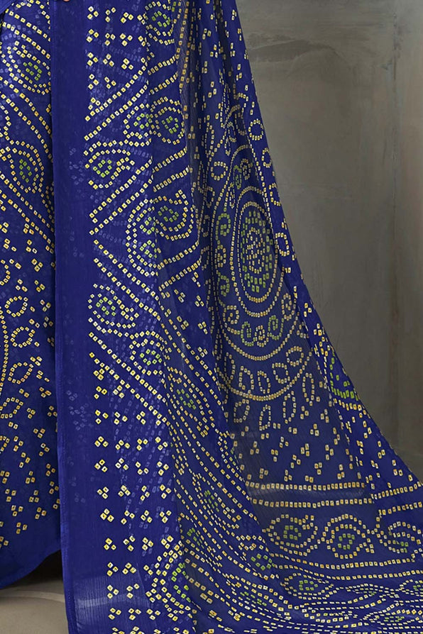 Buy MySilkLove Cosmic Cobalt Blue Chiffon Bandhani Printed Saree Online