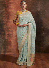 Moon Mist Blue Woven Banarasi Soft Silk Saree