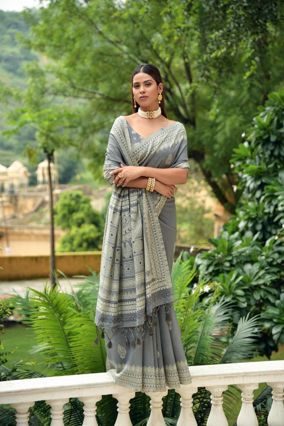 Buy MySilkLove Storm Dust Grey Lucknowi Cotton Saree Online