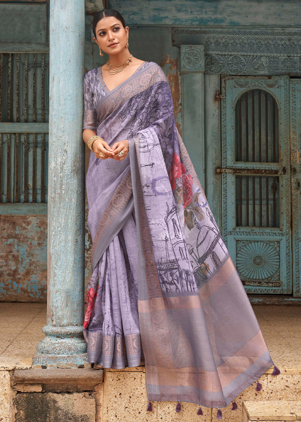 Buy MySilkLove Glossy Grape Purple  Floral Printed Linen Silk Saree Online