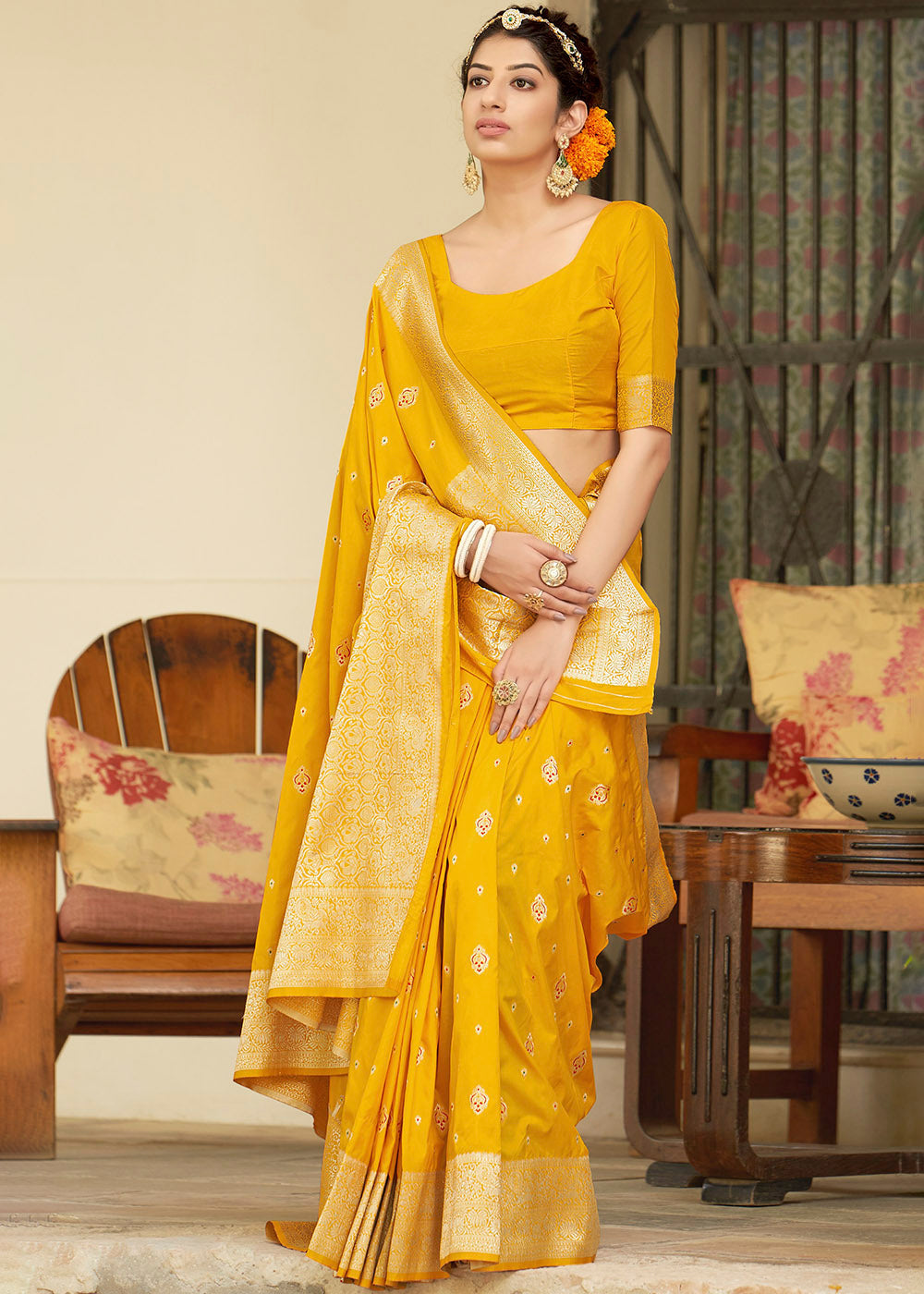 Buy MySilkLove Saffron Yellow Zari Woven Banarasi Silk Saree with Butti Work Online