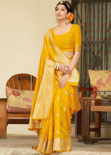 Saffron Yellow Zari Woven Banarasi Silk Saree with Butti Work