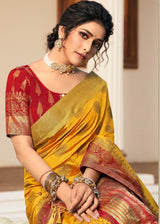 Mustard Yellow and Red Woven Banarasi Raw Silk Saree