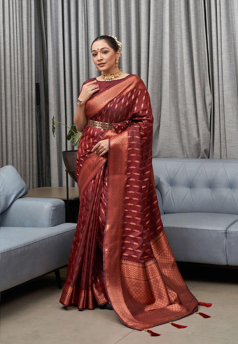 Classic Wine Red 2gm Zari Bridal Elegance Kanchipuram Handloom Silk Sa –  Capell Haute Couture