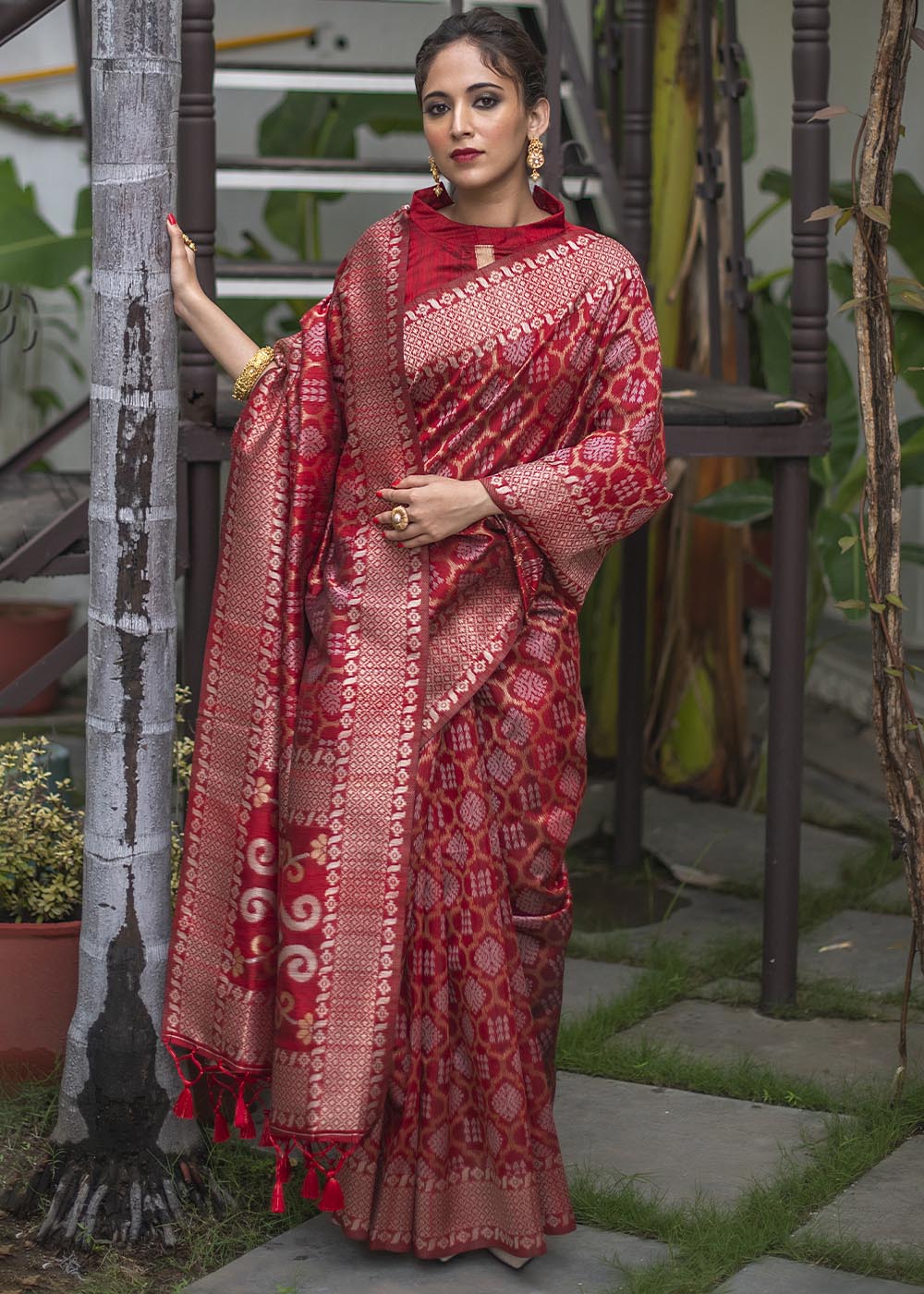 Buy MySilkLove Jasper Red Zari Woven Tussar Saree Online