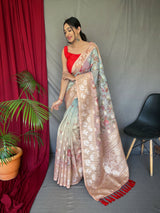 Light Blue and Brown Banarasi Dual Tone Floral Printed Silk Saree