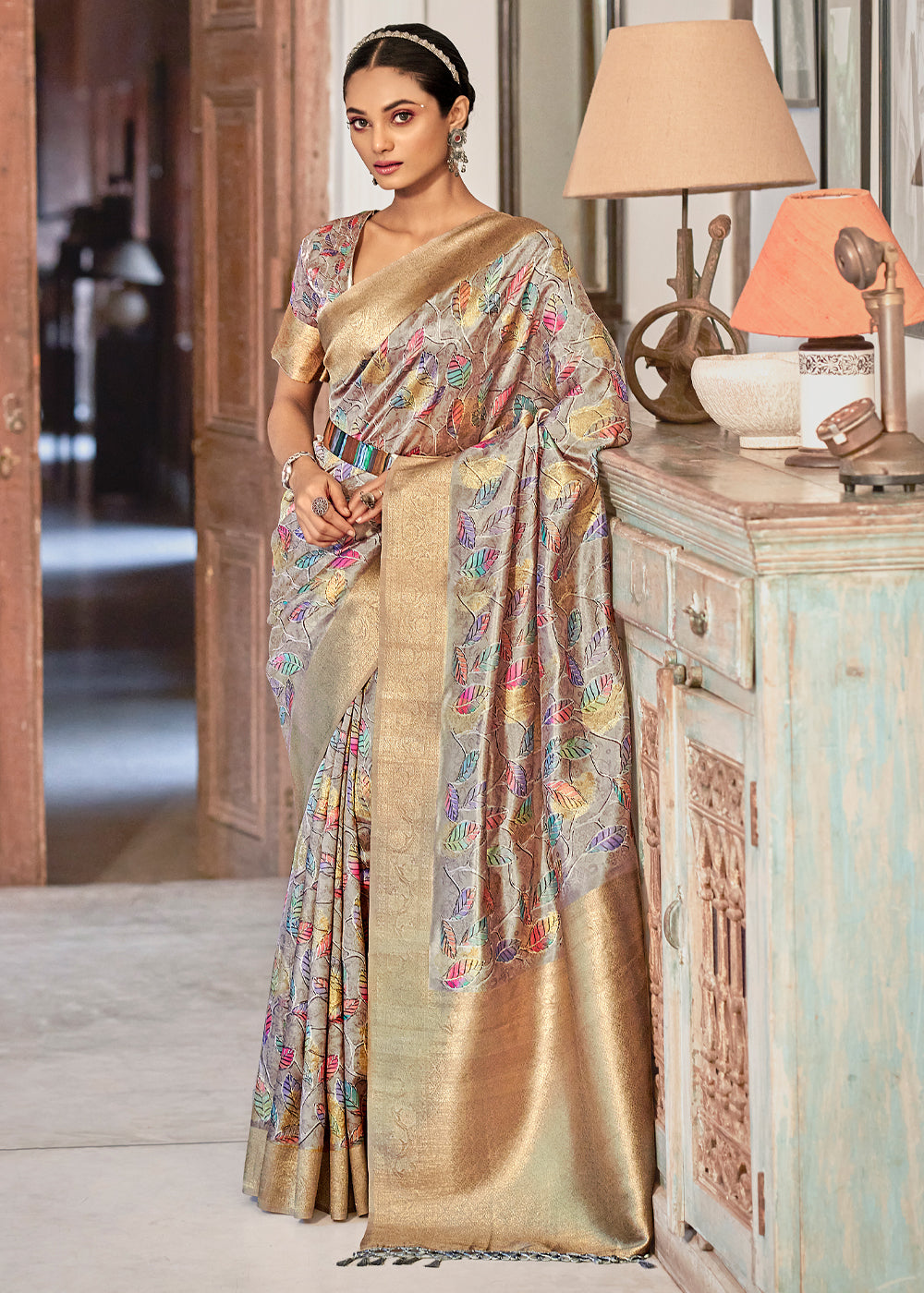 Buy MySilkLove Stack Grey Digital Printed Banarasi Saree Online