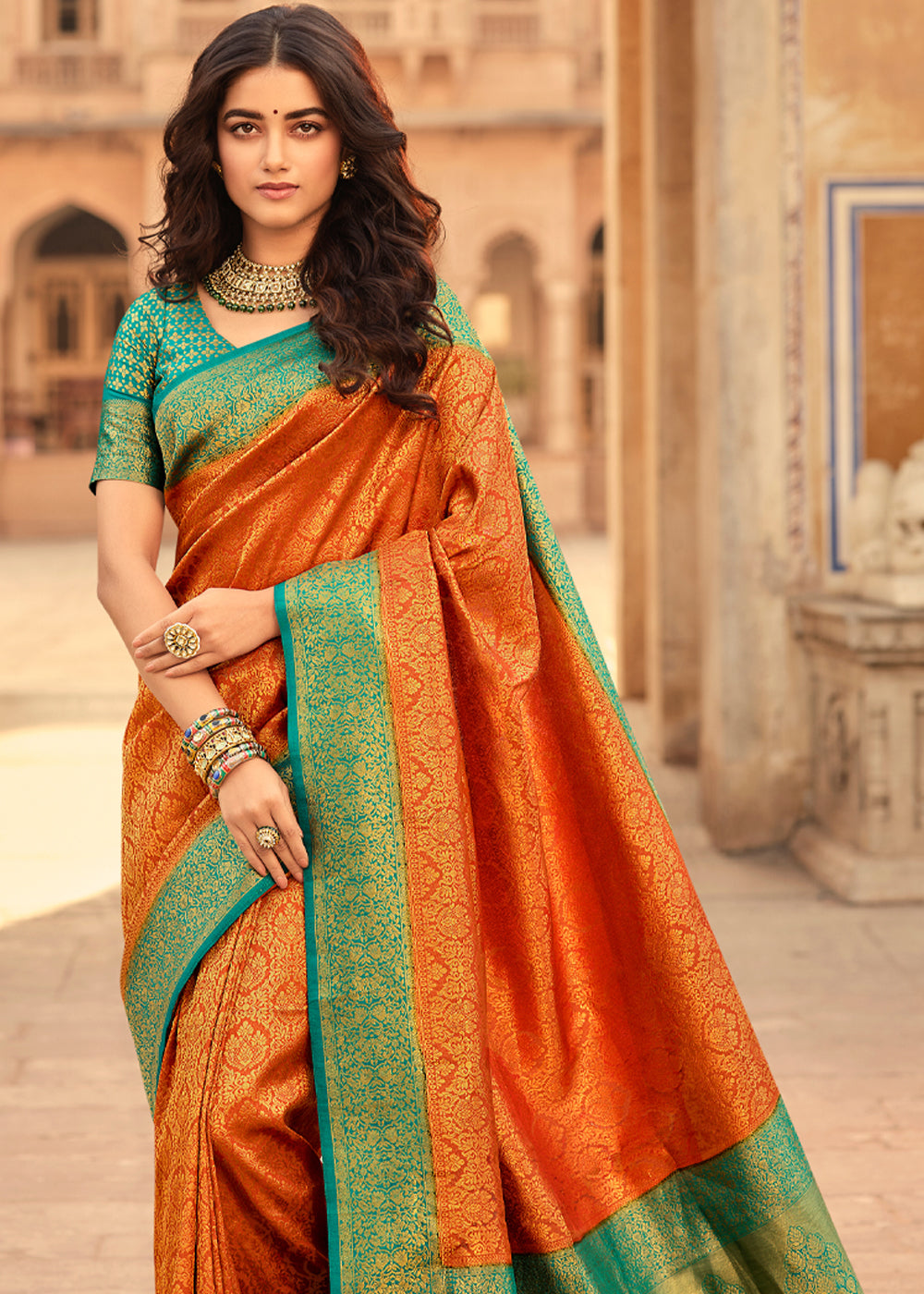 Buy MySilkLove Tango Orange and Blue Zari Woven Kanjivaram Saree Online