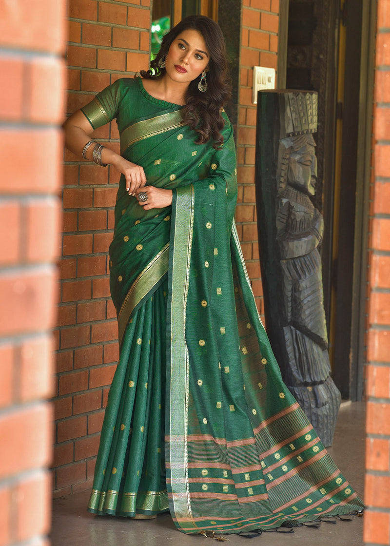 Aqua Green Zari Woven Cotton Saree