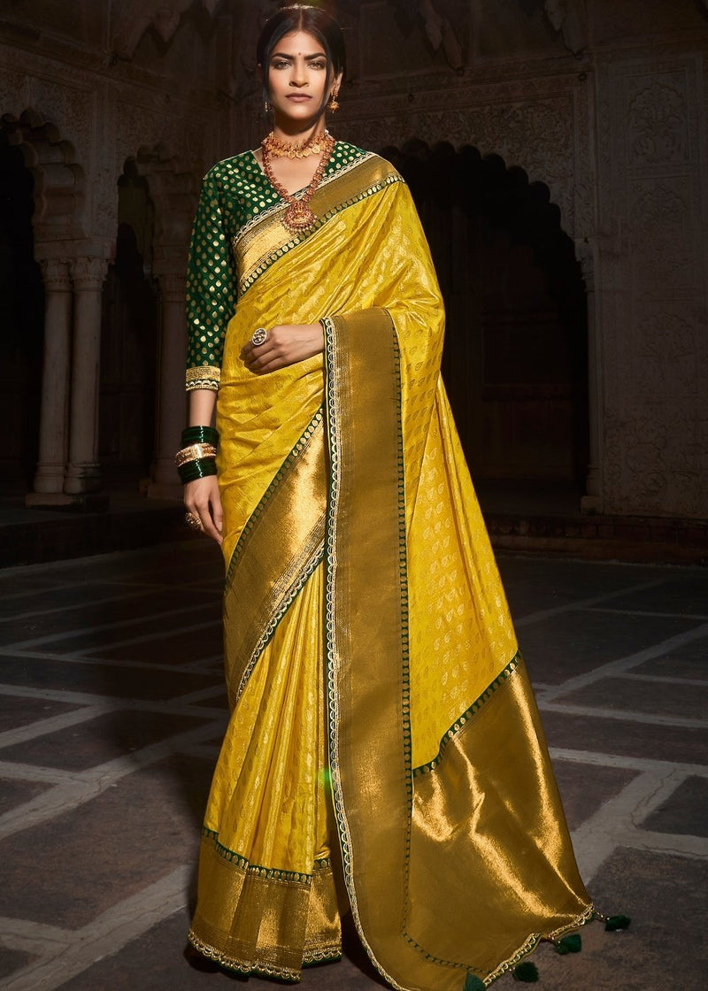Golden Grass Yellow and Green Zari Woven Banarasi Silk Saree