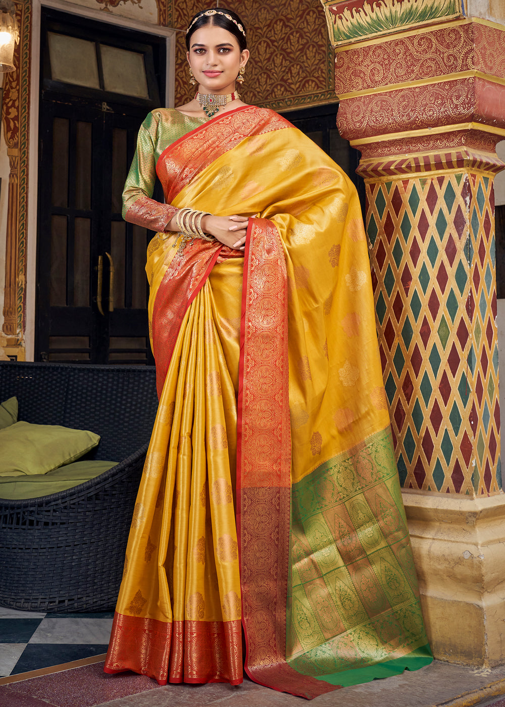 Buy MySilkLove Porsche Yellow Woven Banarasi Barcode Silk Saree Online